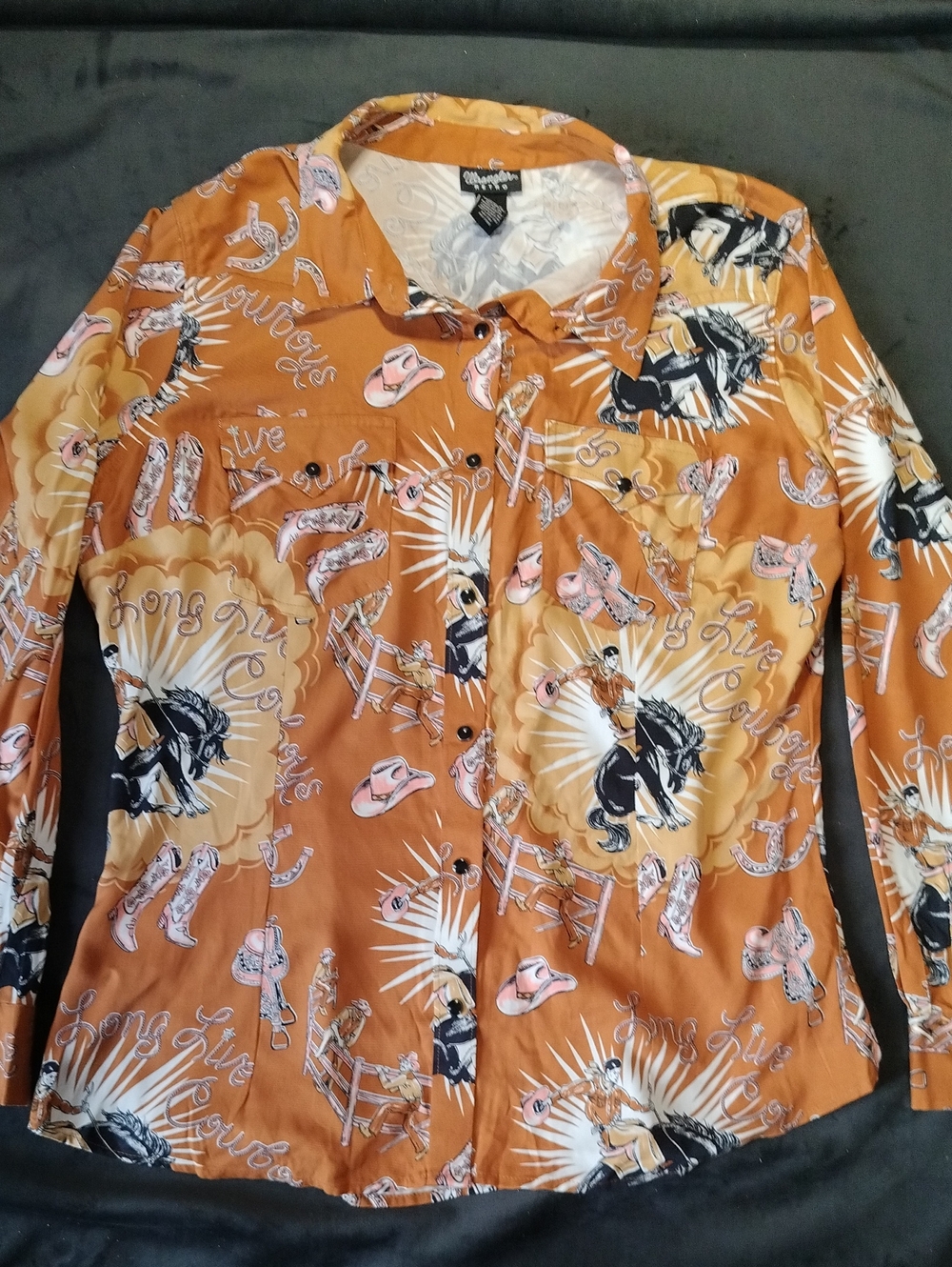 NEW Wrangler Burnt Orange Western Rodeo Cowboy Lasso Print Shirt XL